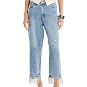 BLANKNYC High Rise Relaxed Cropped Fringe Hem Jeans in Heart and Soul